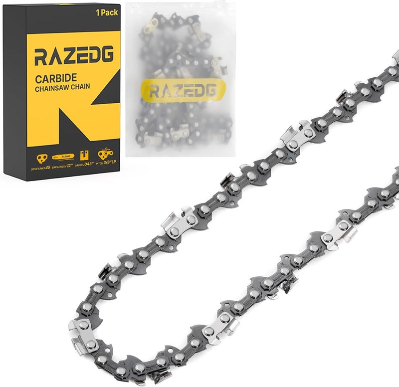 RazEdg Carbide Chainsaw Chain 12 Inch, 3/8" LP Pitch, .043" Gauge, 45 Drive Links, Fits Dewalt 20V DCCS620, Milwaukee M18 FUEL, Makita and More (1 Chain) - Image 1